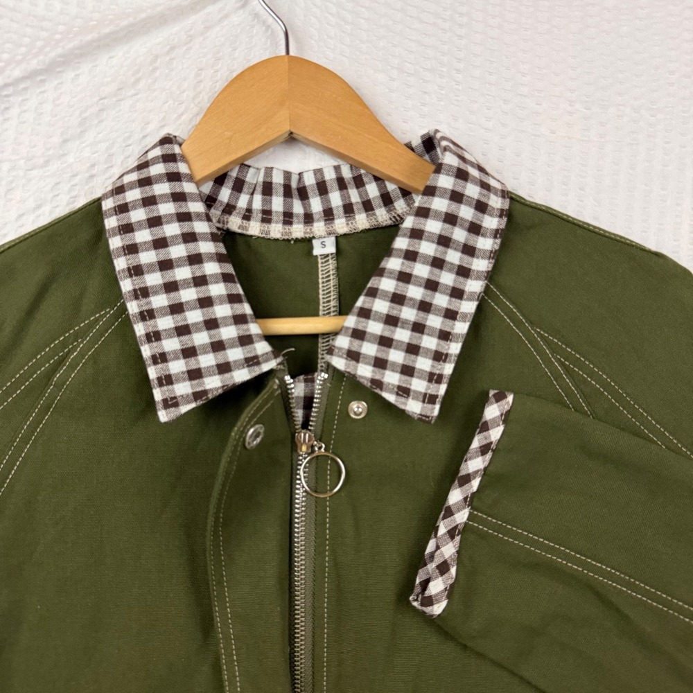 FASHION Olive Green Canvas Utility Jacket Size Small Gingham Trim Zip Front